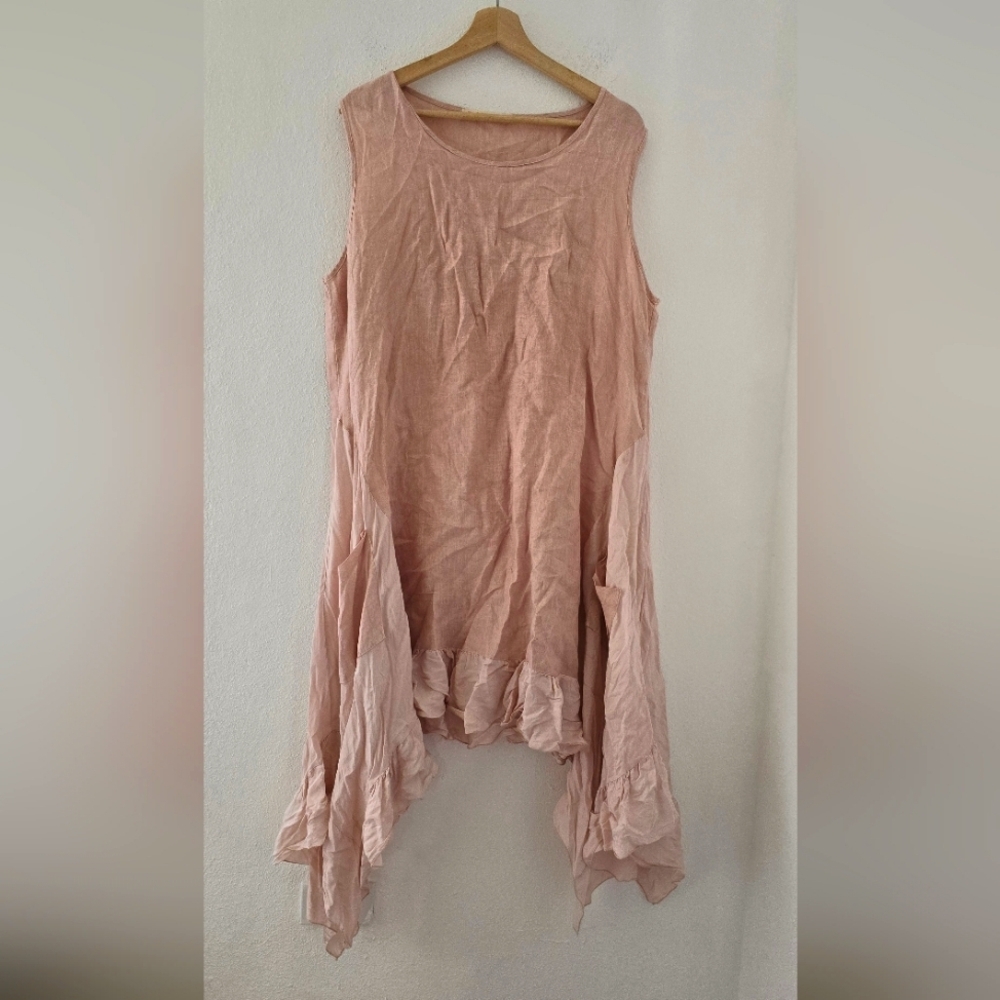 Blanco De Ibiza Pink Linen Ruffle Asymmetrical Tunic Dress